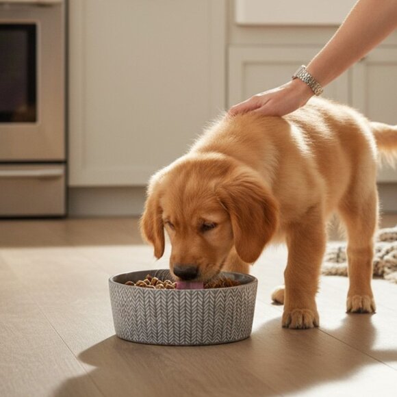 Top Paw Gray Pet Bowl with Cream Paw Design - Picture 1 of 7